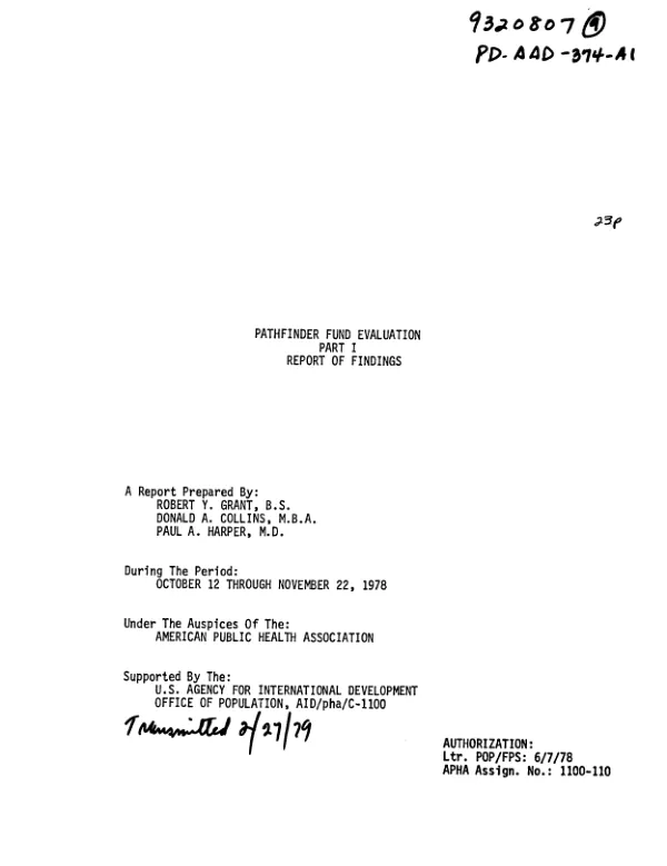 PATHFINDER FUND EVALUATION PART I REPORT OF FINDINGS. (10/12/78-11/22/78)