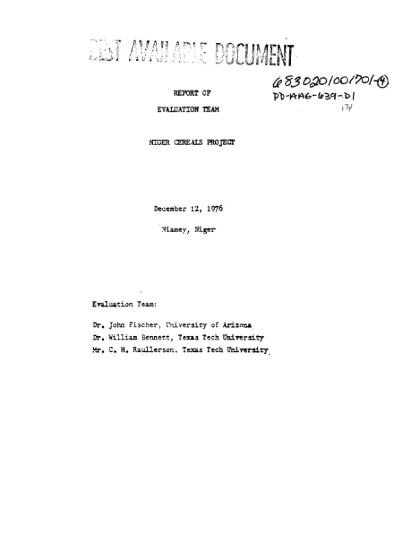 REPORT OF EVALUATION TEAM : NIGER CEREALS PROJECT (ATTACHED TO PAR 77-1)