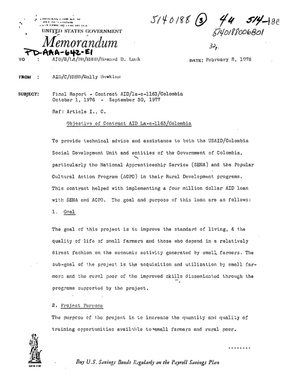 FINAL REPORT - CONTRACT AID/LA-C-1163/COLOMBIA OCTOBER 1, 1976-SEPTEMBER 30, 1977