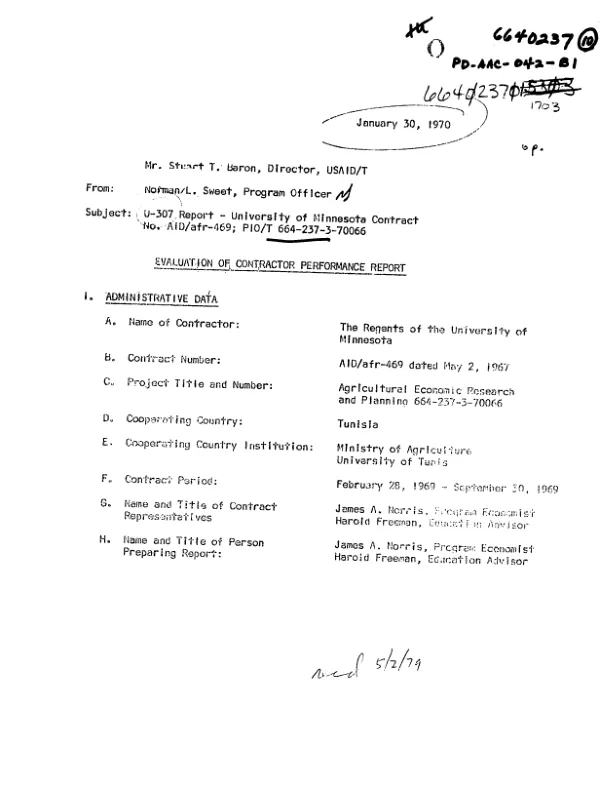 U-307 REPORT - UNIVERSITY OF MINNESOTA CONTRACT NO AID/AFR-469; PIO/T 664-237-3-70066
