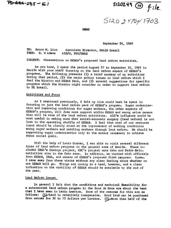 OBERSERVATIONS ON GARAN'S PROPOSED LAND REFORM ACTIVITIES (8/27-9/10/69)