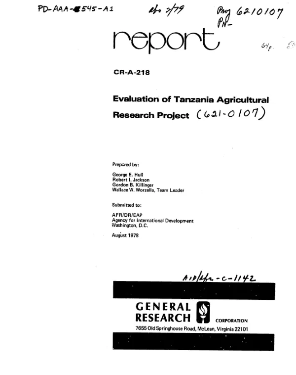 EVALUATION OF TANZANIA AGRICULTURAL RESEARCH PROJECT (6/22/78 TO 7/9/78)
