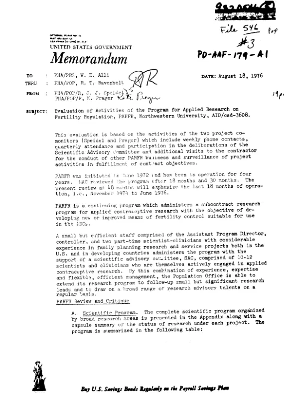 EVALUATION OF ACTIVITIES OF THE PROGRAM FOR APPLIED RESEARCH ON FERTILITY CONTROL, PARFR, NORTHWESTERN UNIVERSITY (NOV 1974-JUNE 1976)