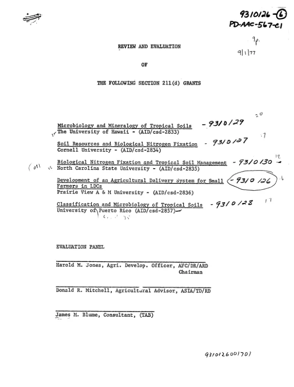 REVIEW AND EVALUATION OF THE FOLLOWING SECTIO ON 211(D) GRANTS : U OF HAWAII (AID/CSD-2835), PRAIRE VIEW A&M (CSD-2836), U OF PUERTO RICO (-2857)