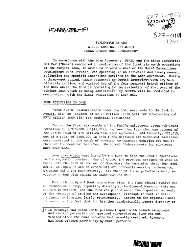 EVALUATION REPORT, AID LOAN NO. 527-W-057, RURAL ENTERPRISES DEVELOPMENT.
