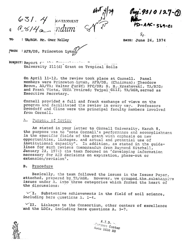 Report on the comprehensive review of the Cornell University 211(D) grant on tropical soils