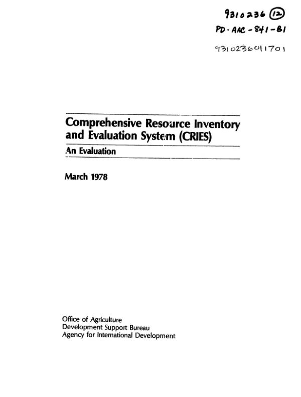 COMPREHENSIVE RESOURCE INVENTORY EVALUATION SYSTEM (CRIES) - 12/177-3/10/78)