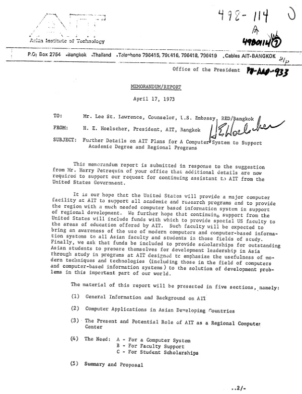 REPORT : A PROPOSAL FOR CONTINUING ASSISTANCE TO THE ASIAN INSTITUTE OF TECHNOLOGY FROM THE UNITED STATES OF AMERICA