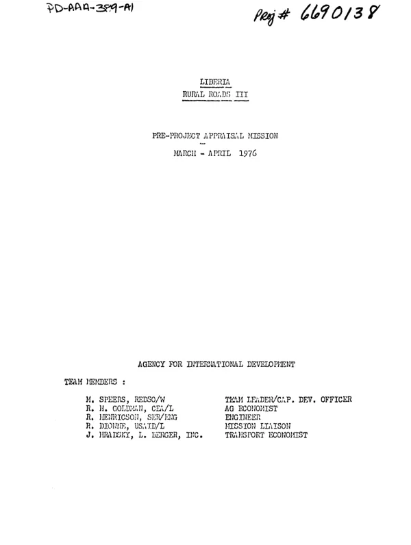 PRE-PROJECT APPRAISAL MISSION : LIBERIA-RURAL ROADS III (MARCH 16-APR 76)