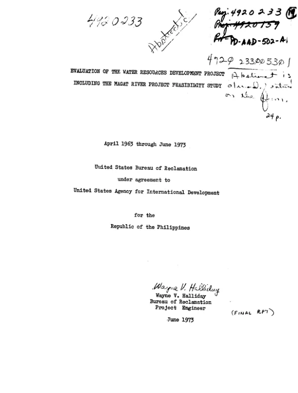 EVALUATION OF THE WATER RESOURCES DEVELOPMENT PROJECT INCLUDING THE MAGAT RIVER PROJECT FEASIBILITY STUDY