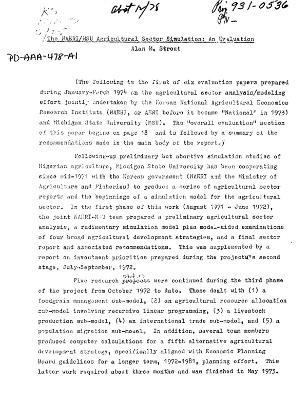 NAERI/MSU AGRICULTURAL SECTOR SIMULATION : AN EVALUATION (1/28/74-2/2/74)