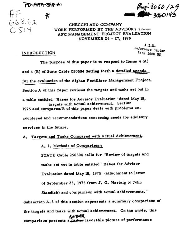 WORK PERFORMED BY THE ADVISORY TEAM, AFC MANAGEMENT PROJECT EVALUATION (NOV 24-27, 1975)