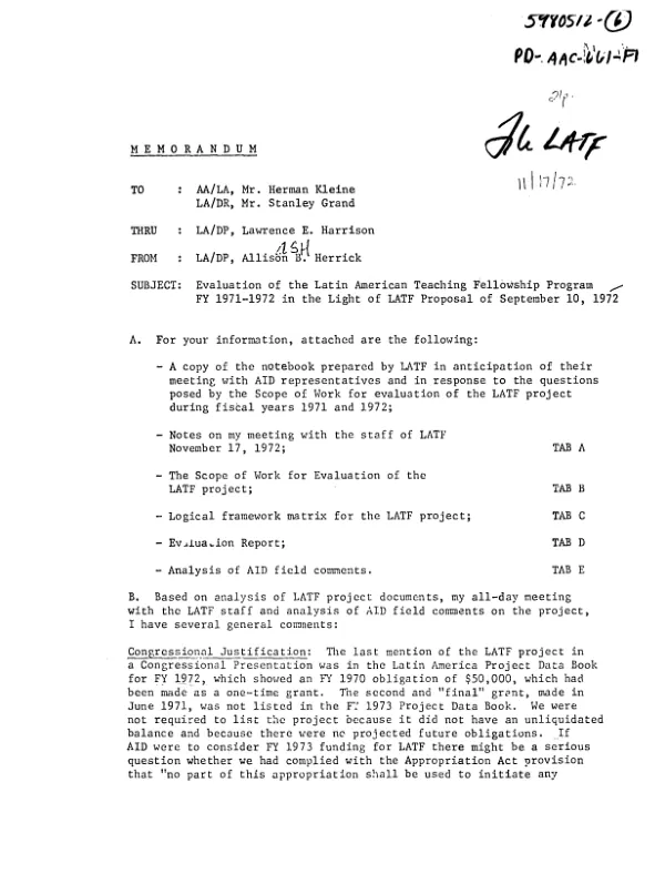 EVALUATION OF LATIN AMERICAN TEACHING FELLOWSHIP PROGRAM, 1971-72.