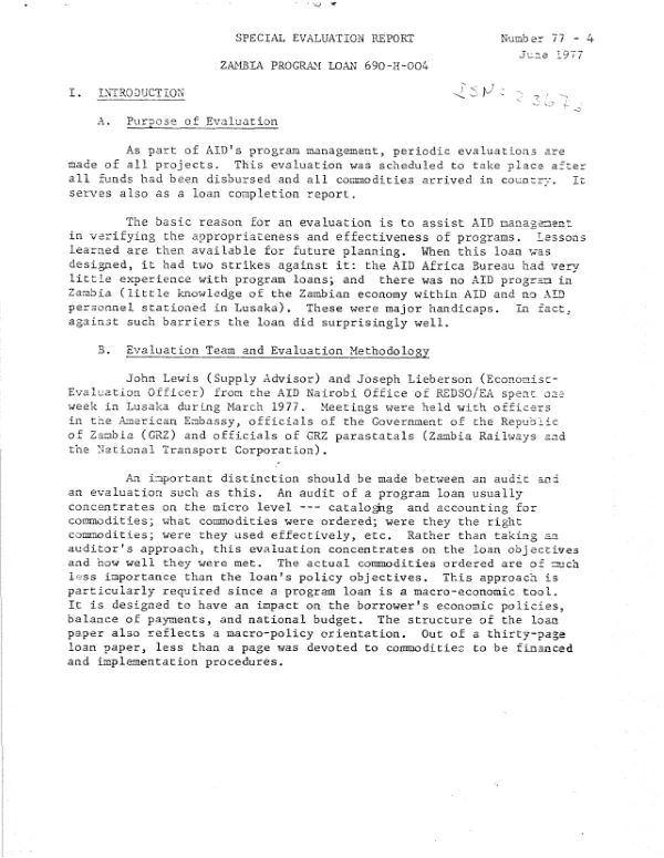 SPECIAL EVALUATION REPORT; ZAMBIA PROGRAM LOAN 690-H-004