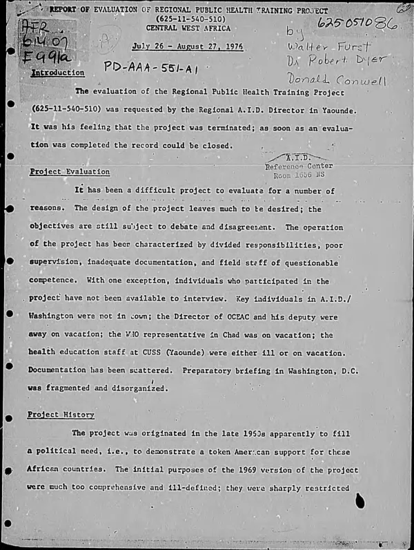 Report of evaluation of regional public health training project (625-11-540-510), Central West Africa, July 26-August 27, 1976