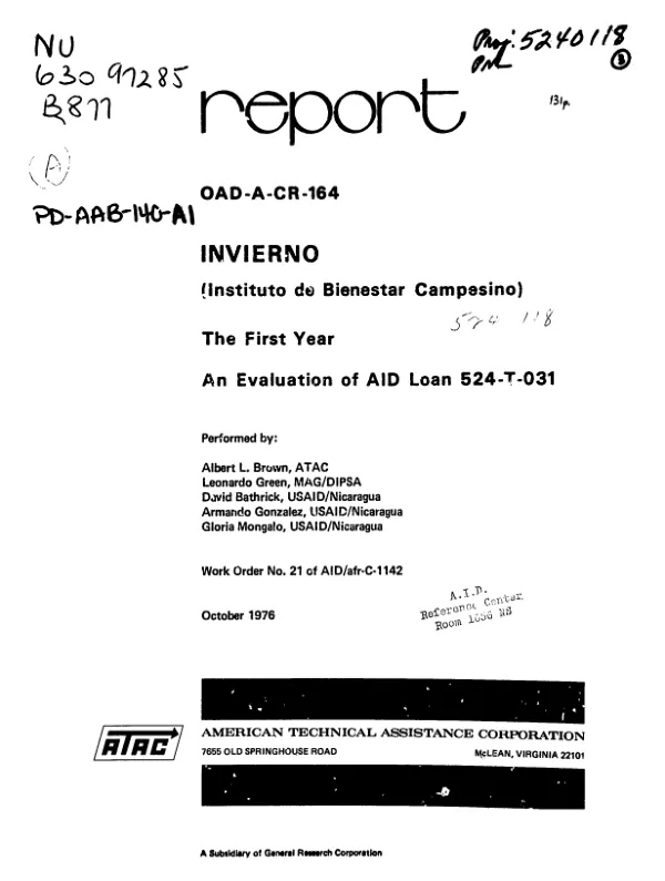 INVIERNO (INSTITUTO DE BIENESTAR CAMPESINO); THE FIRST YEAR; AN EVALUATION OF AID LOAN 524-L-031