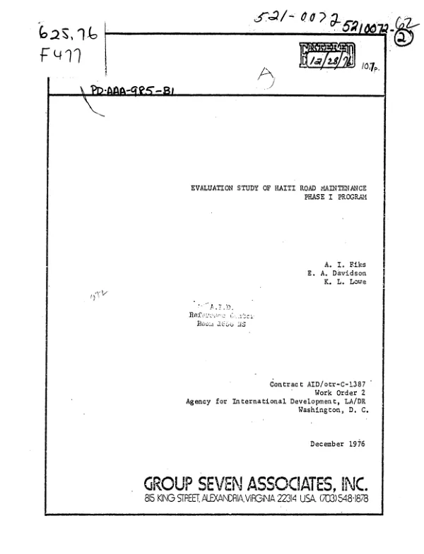 EVALUATION STUDY OF HAITI ROAD MAINTENANCE PHASE I PROGRAM