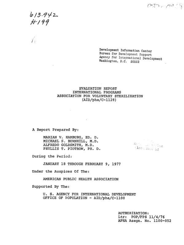 EVALUATION REPORT; INTERNATIONAL PROGRAMS ASSOCIATION FOR VOLUNTARY STERILIZATION (AID/PHA/C-1128)