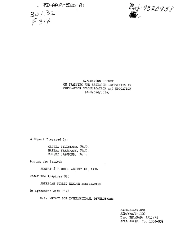 EVALUATION REPORT ON TRAINING AND RESEARCH ACTIVITIES IN POPULATION COMMUNICATION AND EDUCATION (AID/CSD/3314)