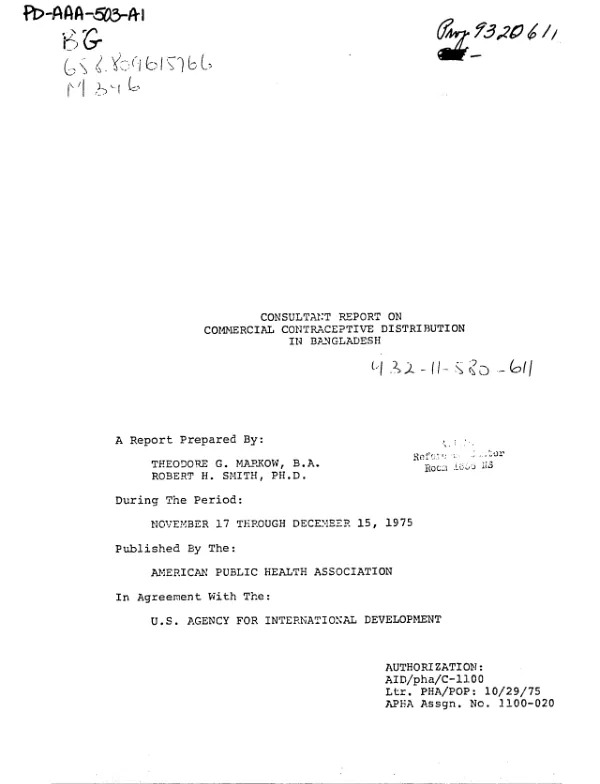 CONSULTANT REPORT ON COMMERCIAL CONTRACEPTIVE DISTRIBUTION IN BANGLADESH