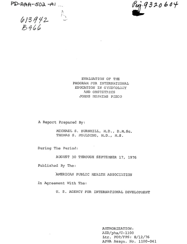 EVALUATION OF THE PROGRAM FOR INTERNATIONAL EDUCATION IN GYNECOLOGY AND OBSTETRICS; JOHNS HORKINS PIEGO