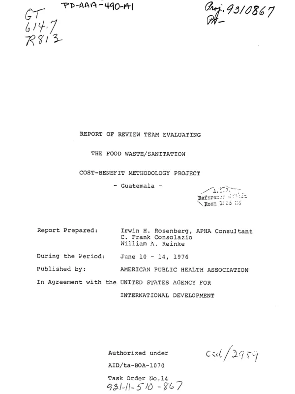 REPORT OF REVIEW TEAM EVALUATING THE FOOD WASTE/SANITATION COST-BENEFIT METHODOLOGY PROJECT; GUATEMALA