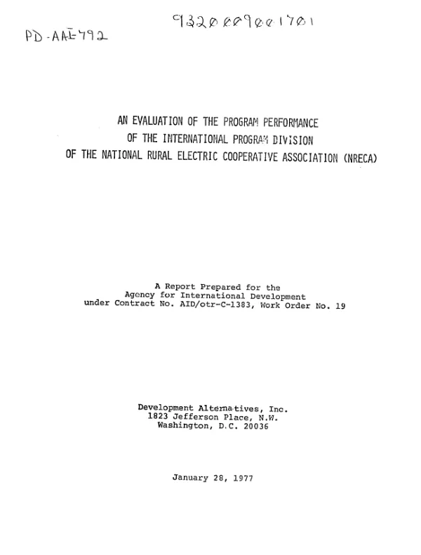 EVALUATION OF THE PROGRAM PERFORMANCE OF THE INTERNATIONAL PROGRAM DIVISION OF THE NATIONAL RURAL ELECTRIC COOPERATIVE ASSOC. (NRECA)