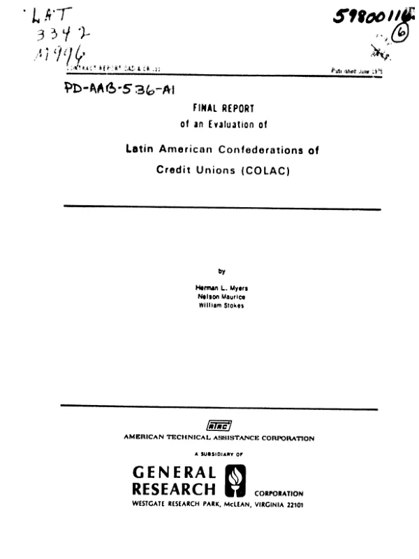 FINAL REPORT OF AN EVALUATION OF LATIN AMERICAN CONFEDERATIONS OF CREDIT UNIONS (COLAC)