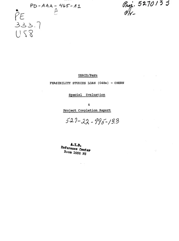 FEASIBILITY STUDIES LOAN (048A)- ONERN; SPECIAL EVALUATION AND PROJECT COMPLETION REPORT