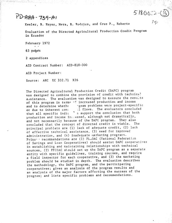 EVALUATION OF THE DIRECTED AGRICULTURAL PRODUCTION CREDIT PROGRAM IN ECUADOR