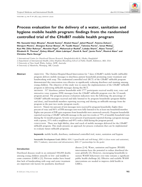 Process Evaluation for the Delivery of a Water, Sanitation, and Hygiene Mobile Health Program: Findings from the Randomized Controlled Trial of the CHoBI7 Mobile Health Program