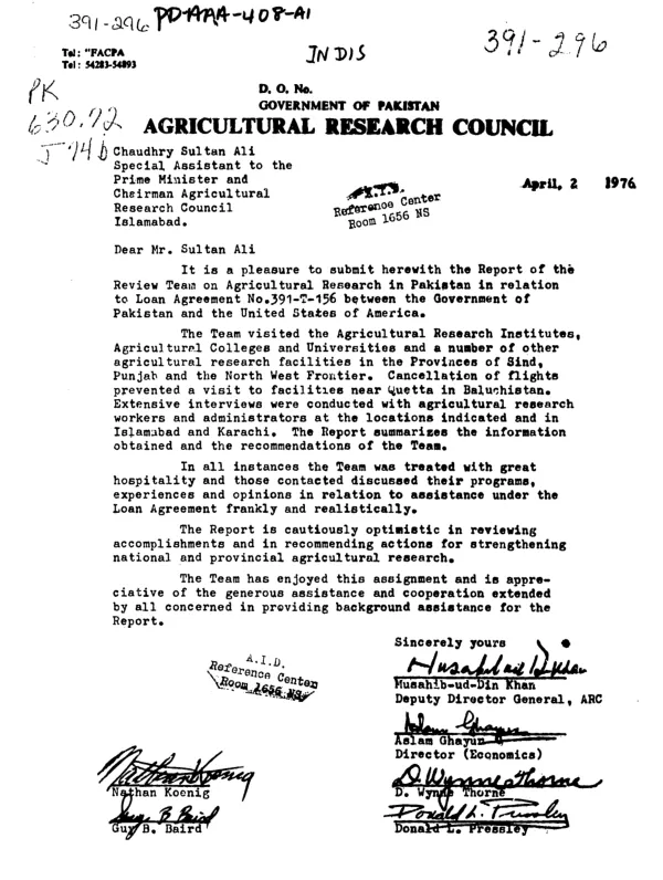 REPORT OF JOINT REVIEW TEAM FOR AGRICULTURAL RESEARCH IN PAKISTAN IN REL. TO LOAN AGREEMENT BETWEEN PAKISTAN AND USA; AID LOAN 391-T-156