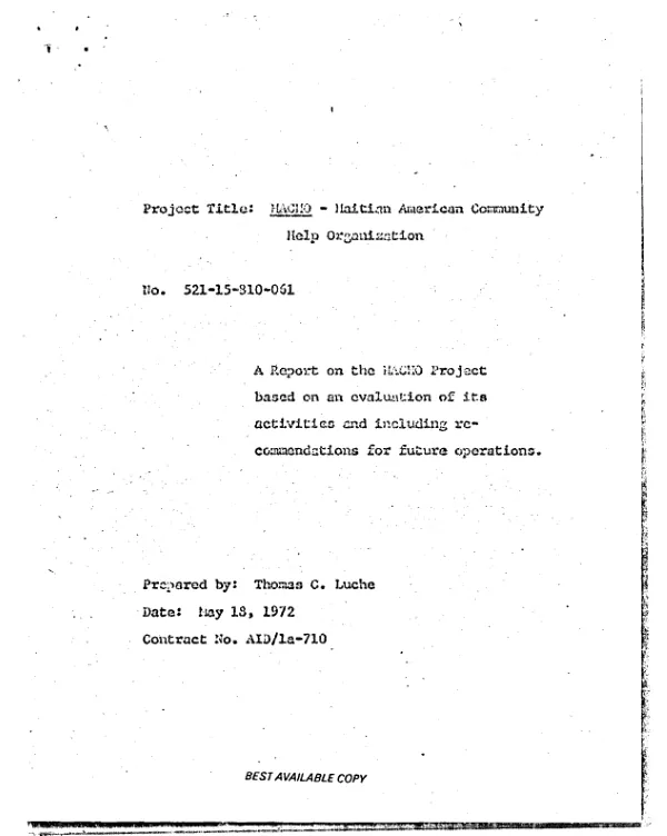 Report on the HACHO project based on an evaluation of its activities and including recommendations for future operations