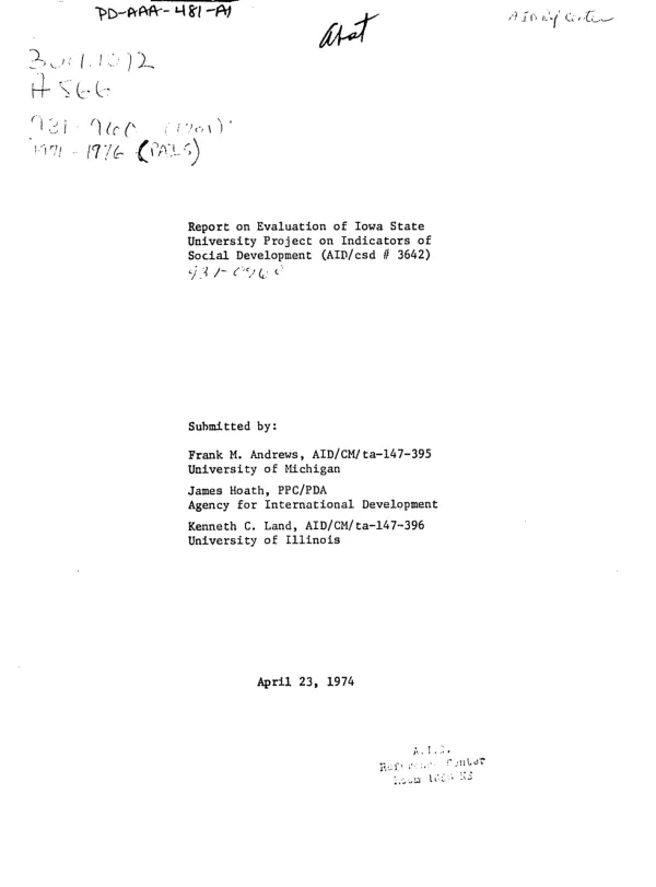 REPORT ON EVALUATION OF IOWA STATE UNIVERSITY PROJECT ON INDICATORS OF SOCIAL DEVELOPMENT
