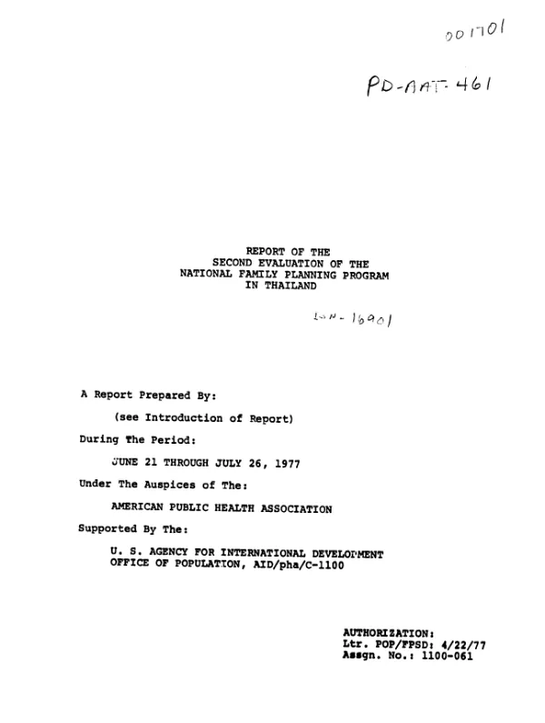 REPORT OF THE SECOND EVALUATION OF THE NATIONAL PLANNING PROGRAM IN THAILAND (6/21/77-7/26/77)