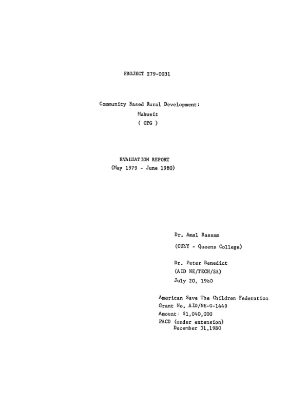 Community based rural development : Mahweit (OPG); evaluation report, 7/80