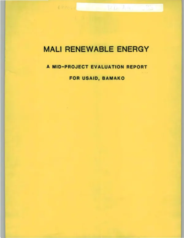 Mali renewable energy; a mid-project evaluation report, April - May 1982