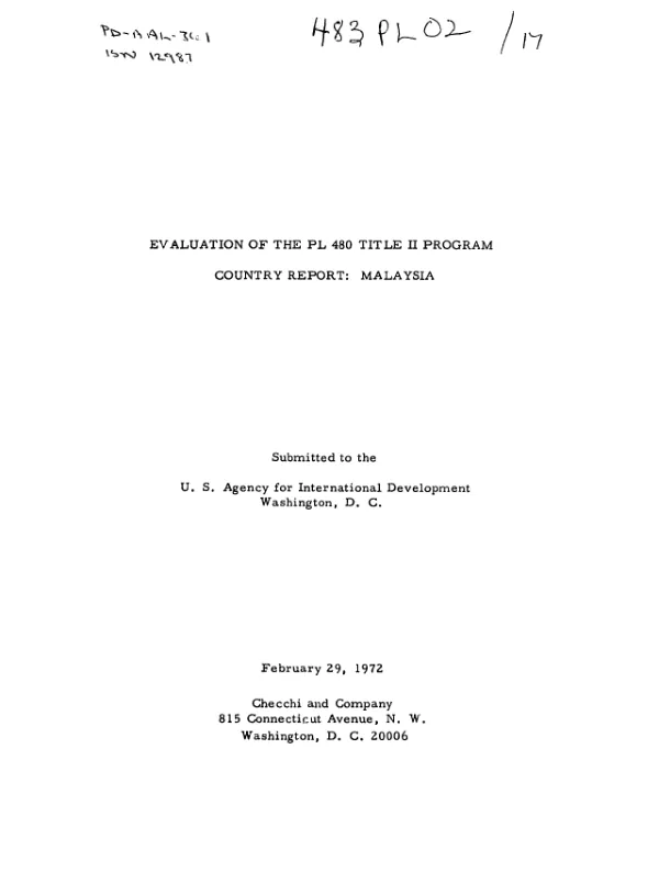 Evaluation of the PL-480 Title II program; country report : Malaysia