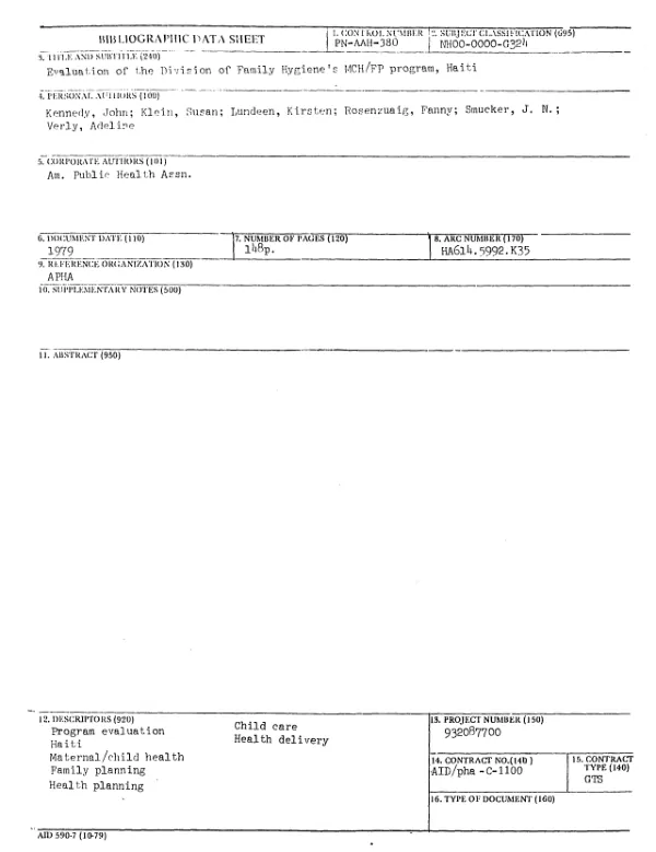 EVALUATION OF THE DIVISION OF FAMILY HYGIENE'S MCH/FP PROGRAM, HAITI