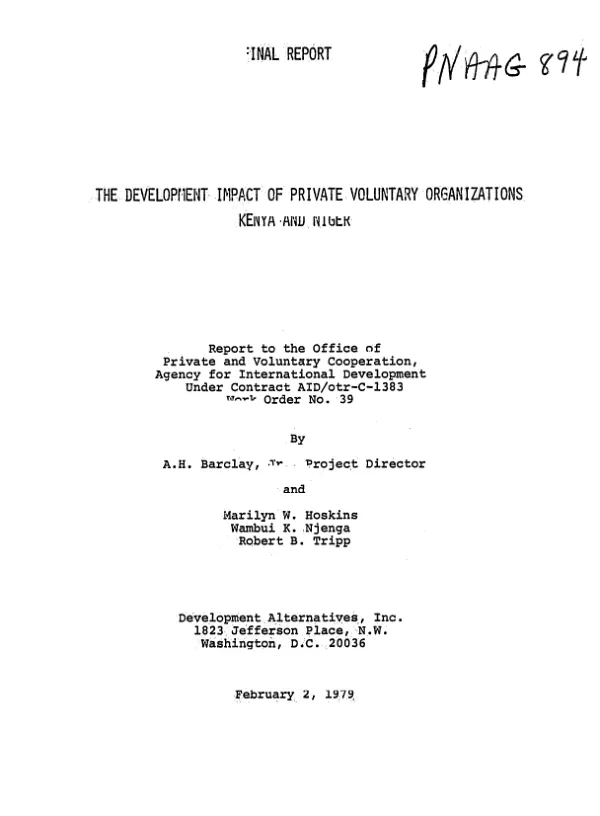 DEVELOPMENT IMPACT OF PRIVATE VOLUNTARY ORGANIZATIONS : KENYA AND NIGER; FINAL REPORT