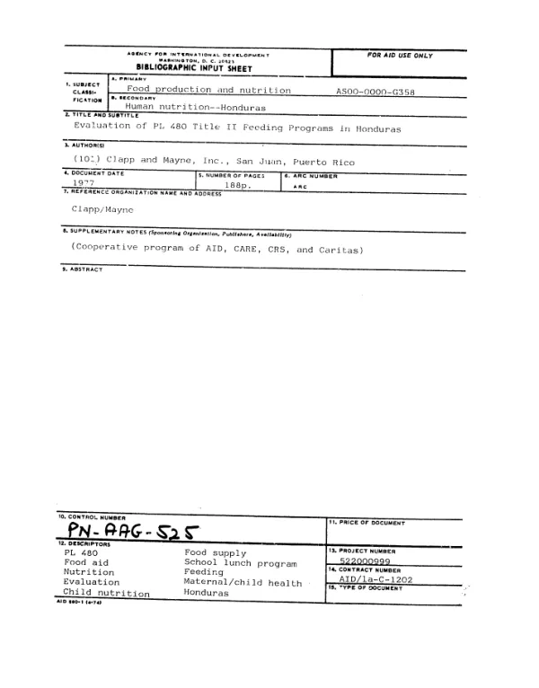 EVALUATION OF PL-480 TITLE II FEEDING PROGRAMS IN HONDURAS
