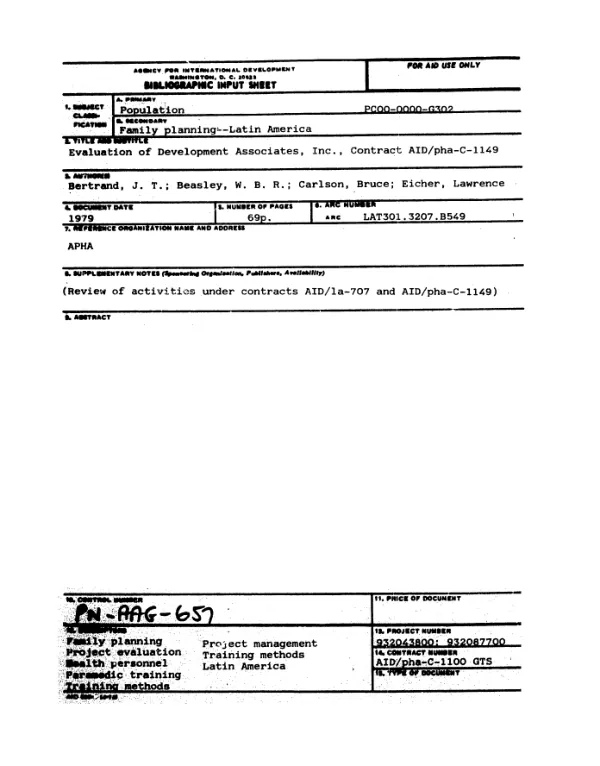 EVALUATION OF DEVELOPMENT ASSOCIATES, INC., CONTRACT AID/PHA-C-1149
