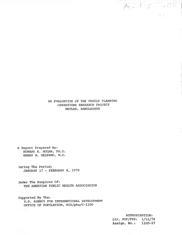 EVALUATION OF THE FAMILY PLANNING OPERATIONS RESEARCH PROJECT MATLAB, BANGLADESH