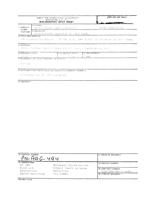 EVALUATION REPORT OF THE PL-480 TITLE II PROGRAM IN SRI LANKA