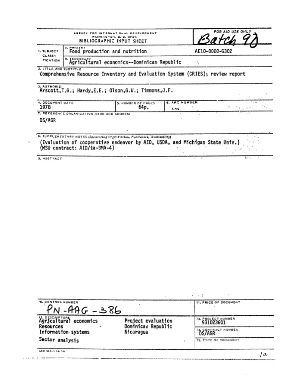COMPREHENSIVE RESOURCE INVENTORY AND EVALUATION SYSTEM (CRIES); REVIEW REPORT
