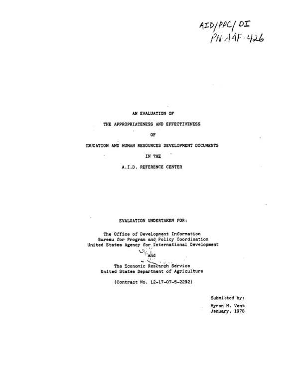 An evaluation of the appropriateness and effectiveness of education and human resources development documents in the A.I.D. Reference Center