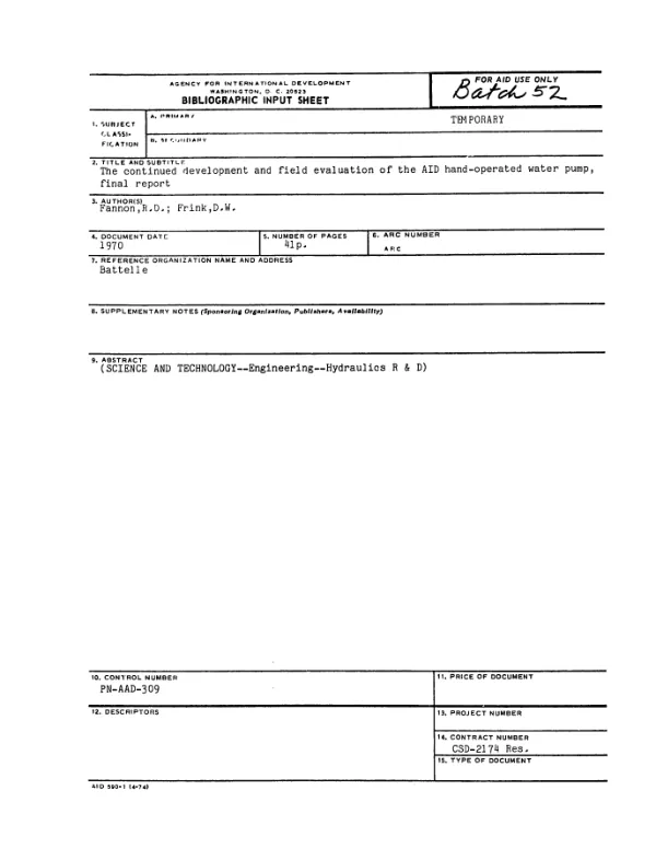 Final report on the continued development and field evaluation of the AID hand - operated water pump