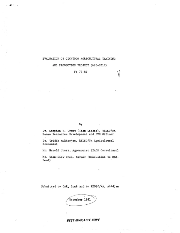 Evaluation of OIC/Togo agricultural training and production project; FY 77-81