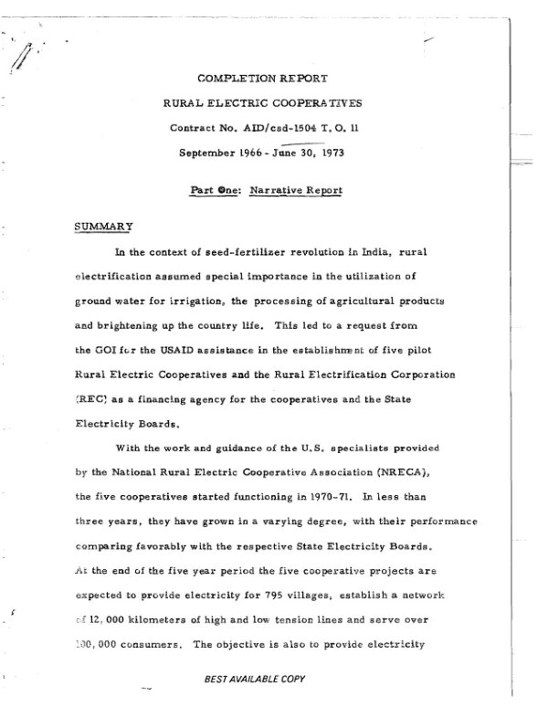 Rural electric cooperatives; completion report