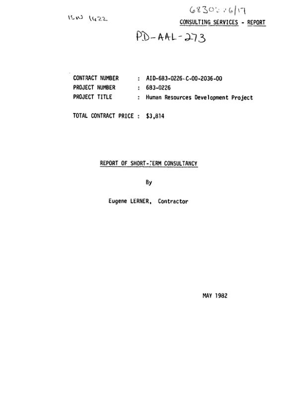 Human resources development project; report of short-term consultancy